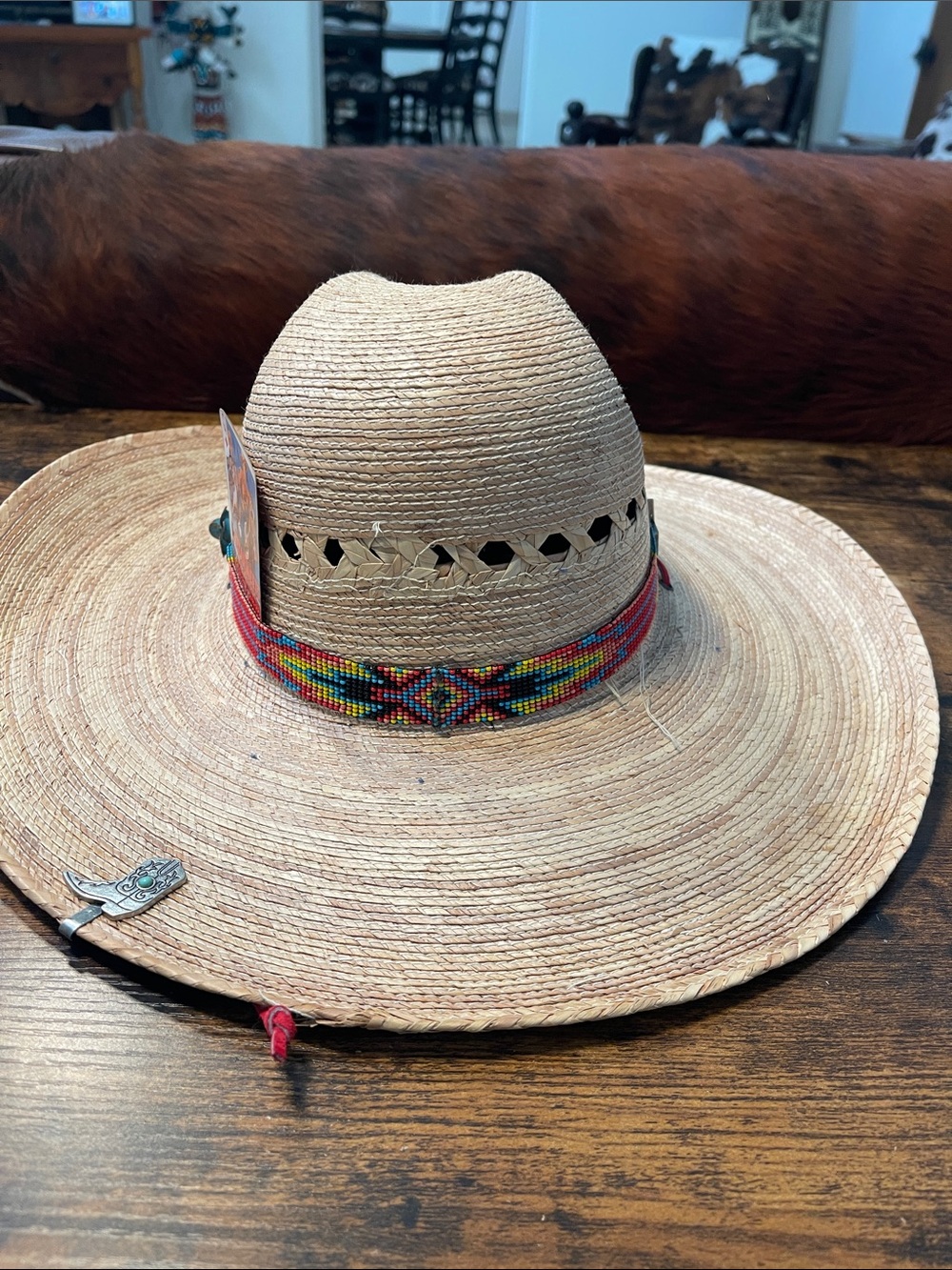 Women’s Straw Cowboy Hat with Multicolor Beaded Band, accent pins, hat clip - Picture 4 of 14